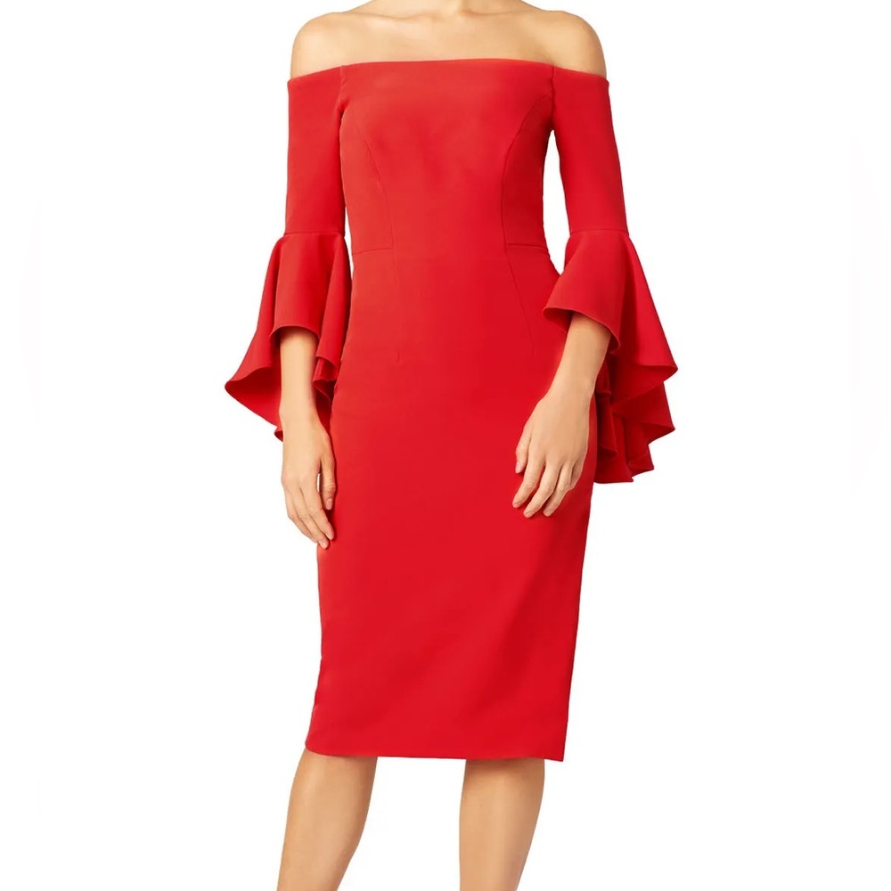 Milly Selena Off-Shoulder Red Dress with Flare Sleeves